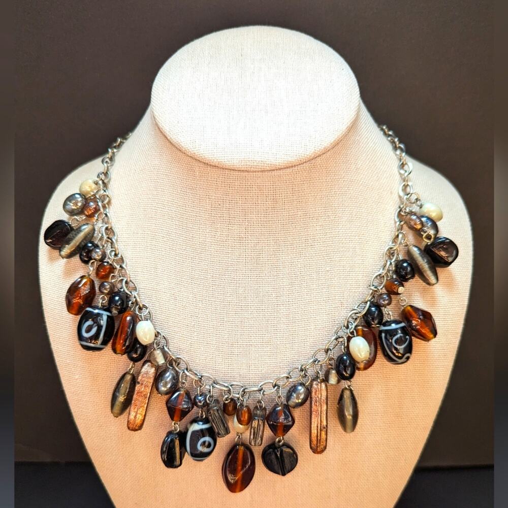 Just Jewelry Dangly Movement ChaCha Neutral Glass Bead Boho Necklace